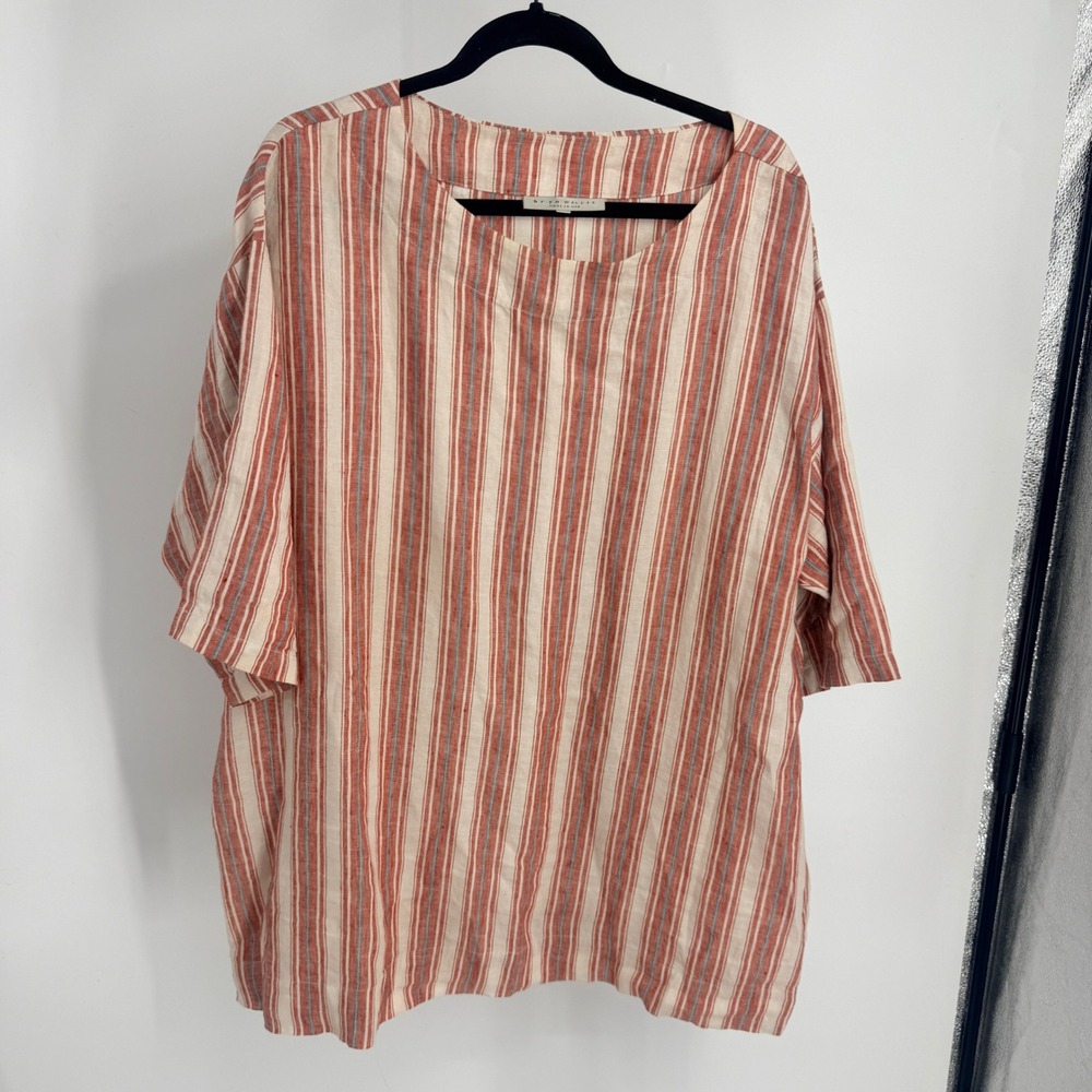 Bryn Walker Womens XL Tunic Top 100% Linen Striped Red Cream Blue USA Lagenlook
